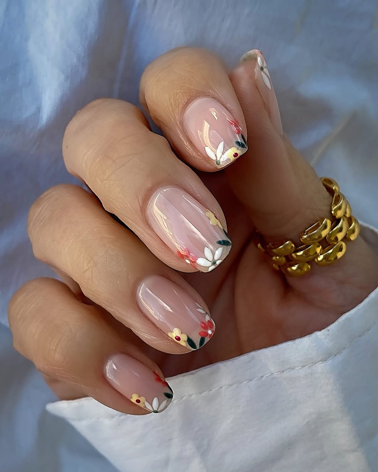 Floral Tips Medium Oval Nails — Simple Floral Nails