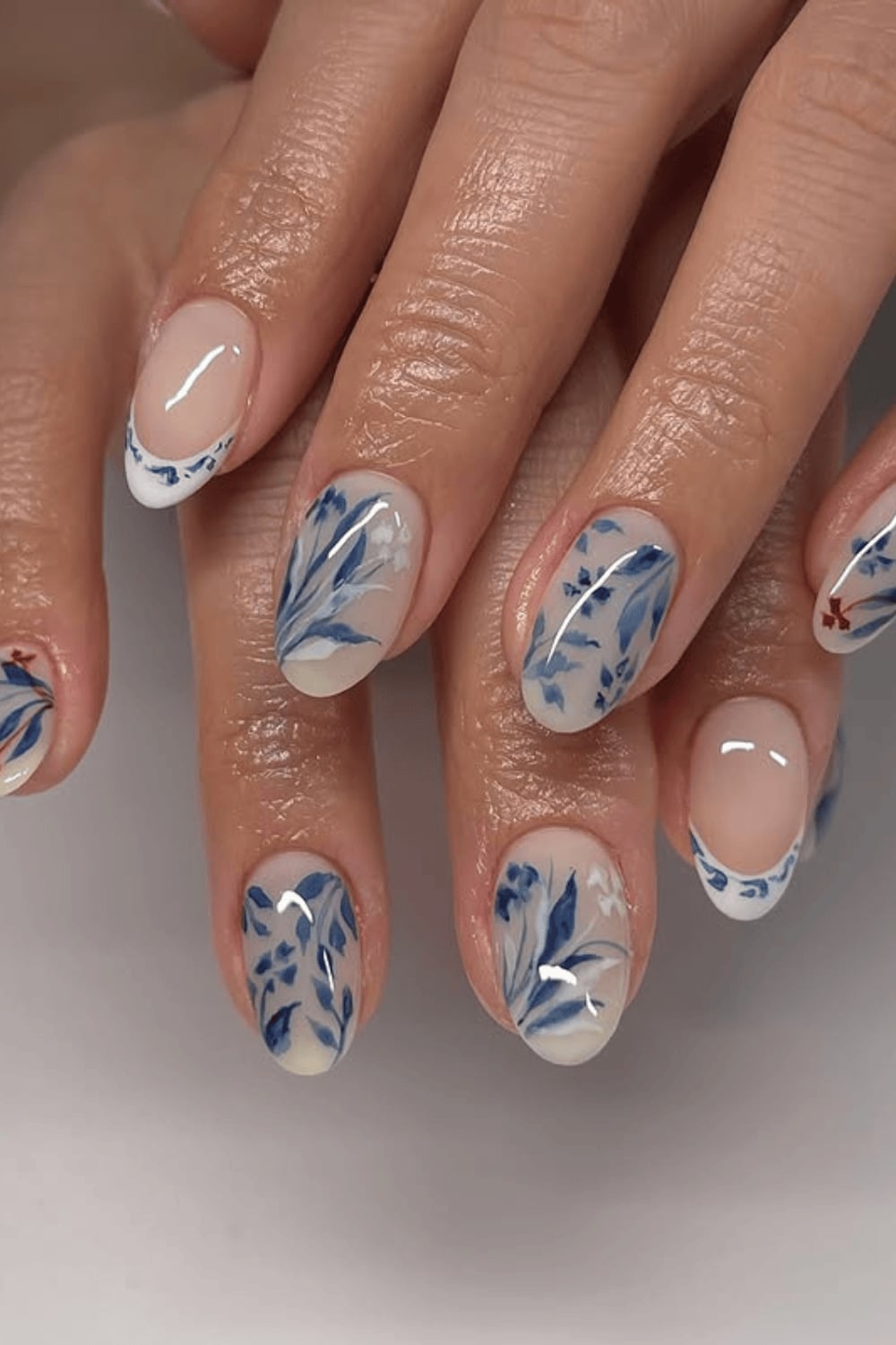 Chinoiserie Blue Floral Medium Oval Nails — Simple Floral Nails