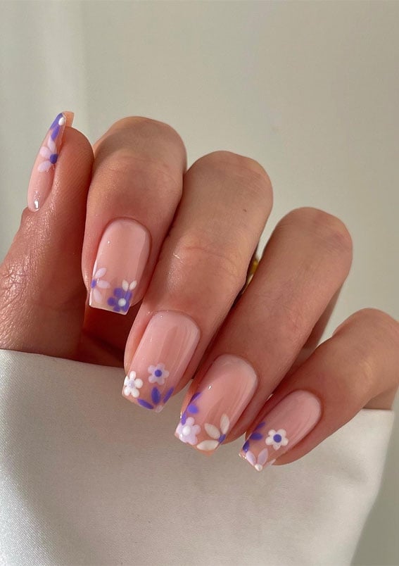 Floral French Tips Medium Square Nails — Simple Floral Nails