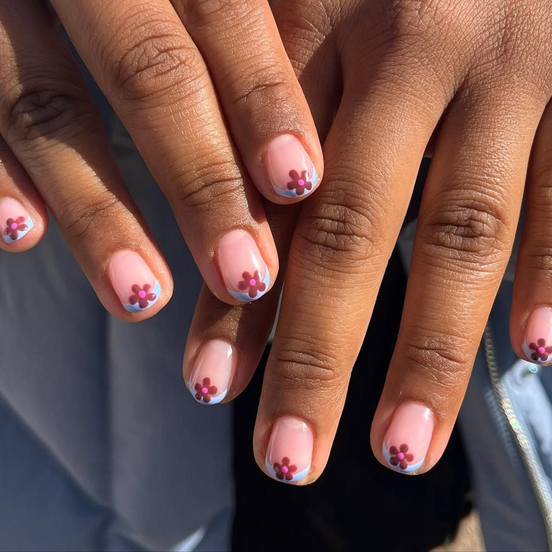 Floral Light Blue French Short Square Nails — Simple Floral Nails