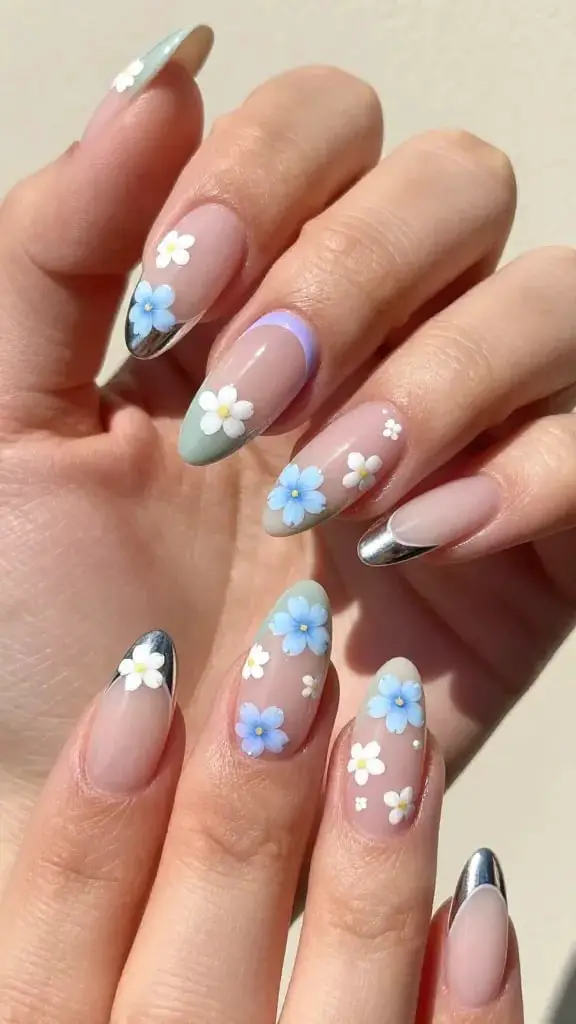 Silver French Tip with Floral Accents Medium Almond Nails — Simple Floral Nails