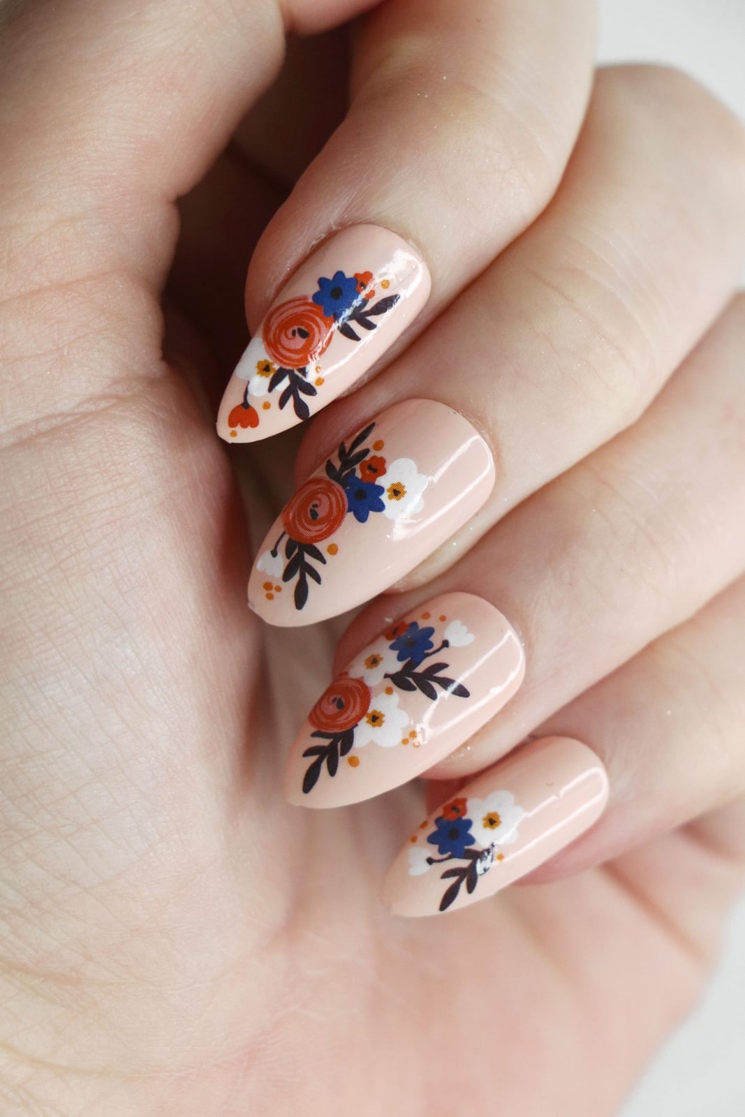 Graphic Floral Decals Medium Almond Nails — Simple Floral Nails