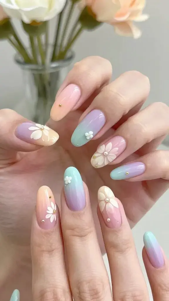 3D Floral Pastel Gradient Medium Oval Nails — Simple Floral Nails