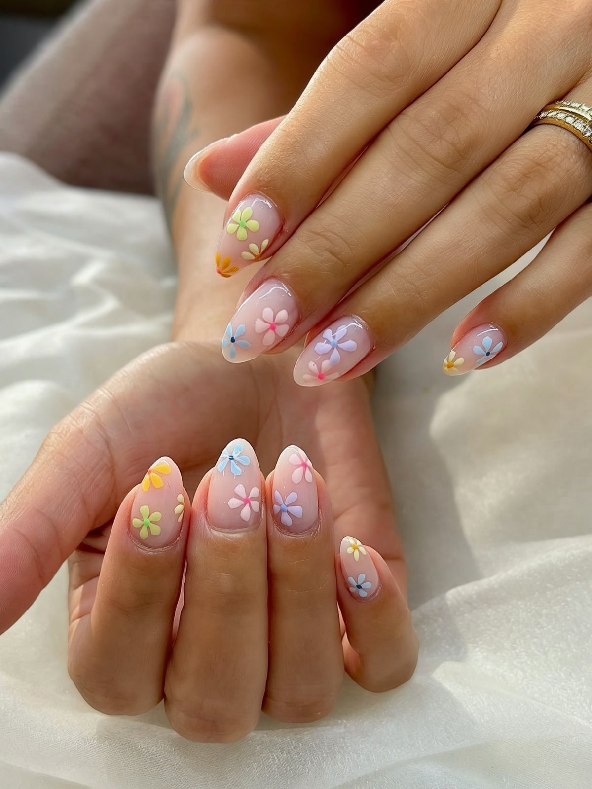 Pastel Flowers Medium Almond Nails — Simple Floral Nails