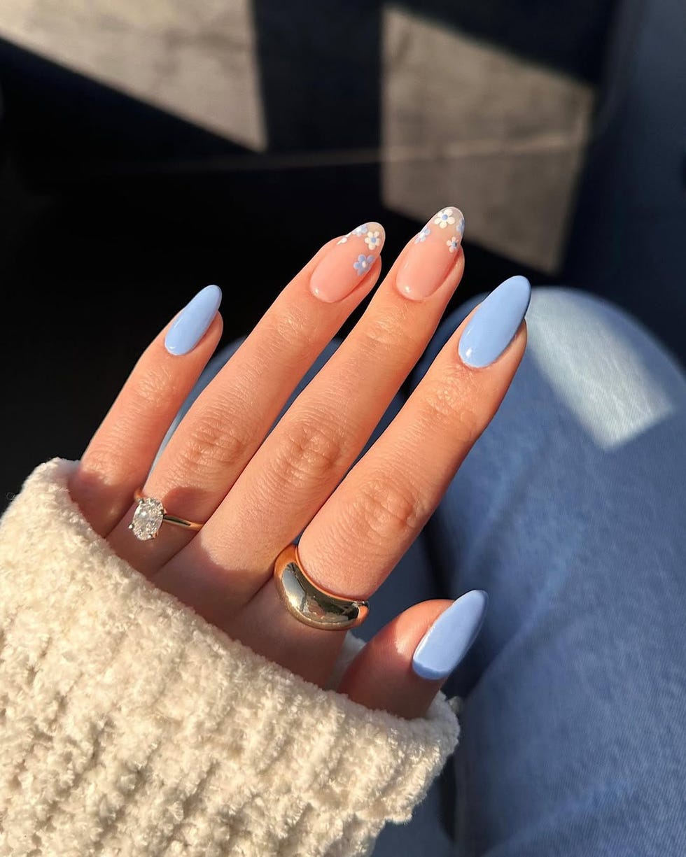 Pastel Blue with Floral Accents Medium Almond Nails — Simple Floral Nails