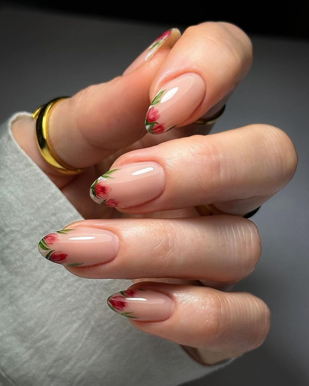 Floral Accents on French Tips Short Oval Nails — Simple Floral Nails