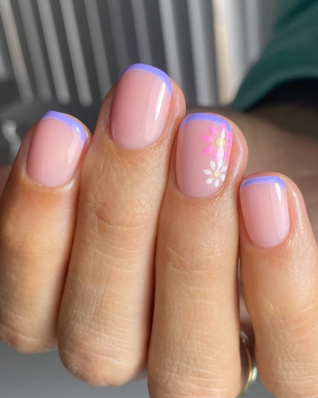 Lavender French Tip with Floral Accent Short Square Nails — Simple Floral Nails