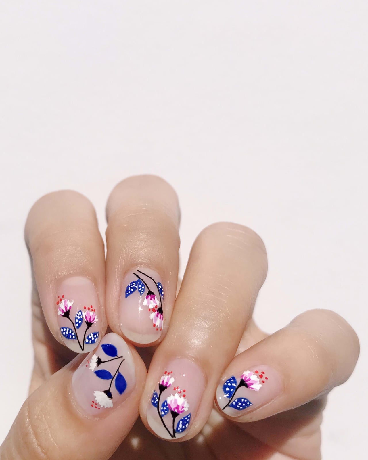 Hand-Painted Floral Short Square Nails — Simple Floral Nails