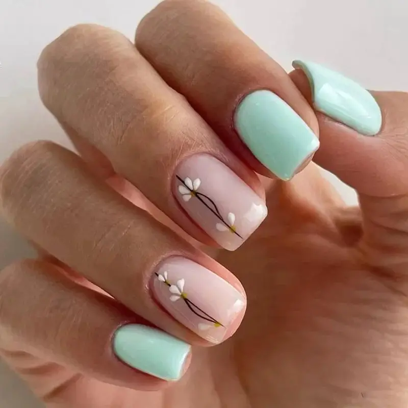 Mint Green Nails with Floral Accent Soft Square — Simple Floral Nails