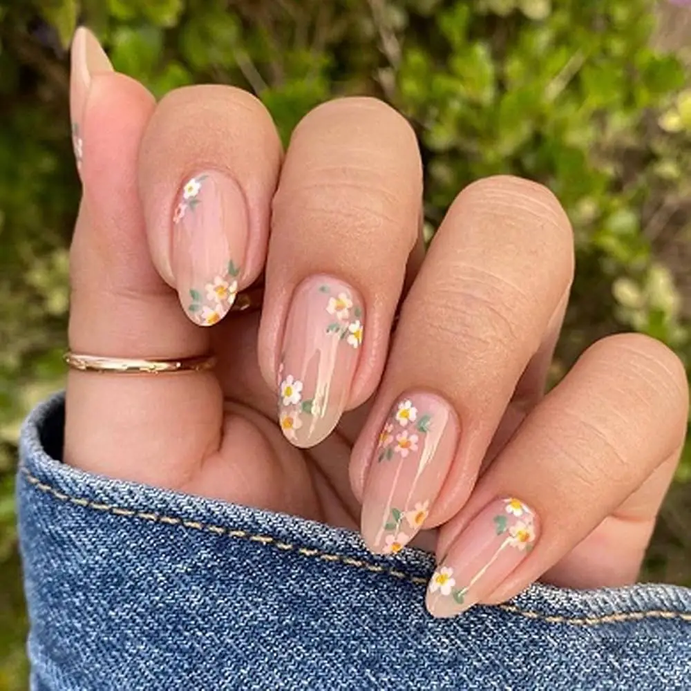 Minimalist Floral Pink Blue Short Oval Nails — Simple Floral Nails