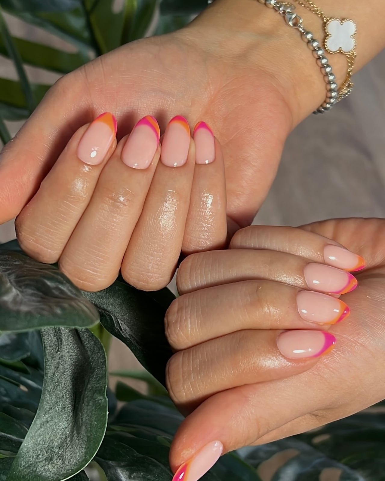 Medium Almond Neon Pink Orange French Medium Almond Neon Pink Orange French — Simple French Nails