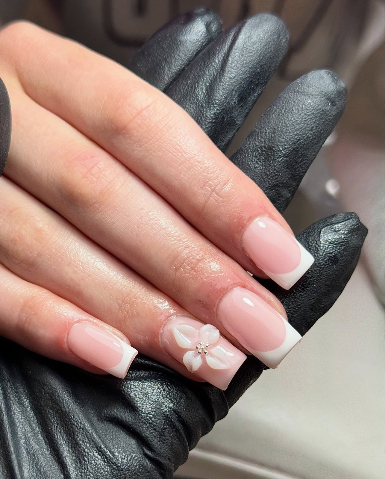 Medium Square Pink French 3D Flower Medium Square Pink French 3D Flower — Simple French Nails