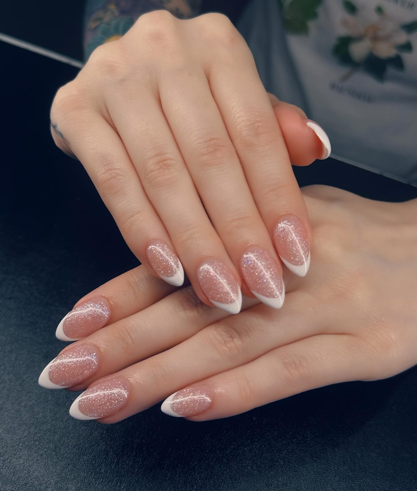 Medium Almond Glitter Overlay French Medium Almond Glitter Overlay French — Simple French Nails