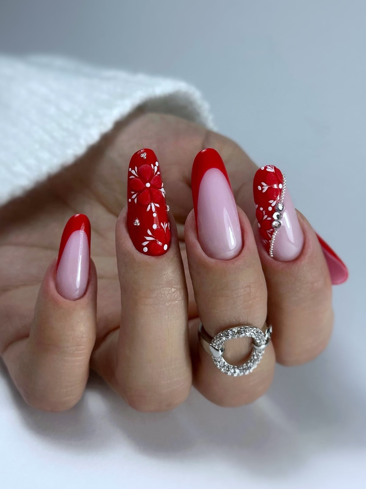 Long Oval Red French Snowflake Art Long Oval Red French Snowflake Art — Simple French Nails