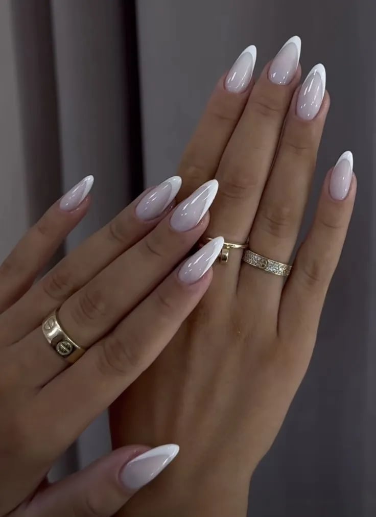 Medium Almond Nails with Sharp White French Tips — Simple French Tip Nails