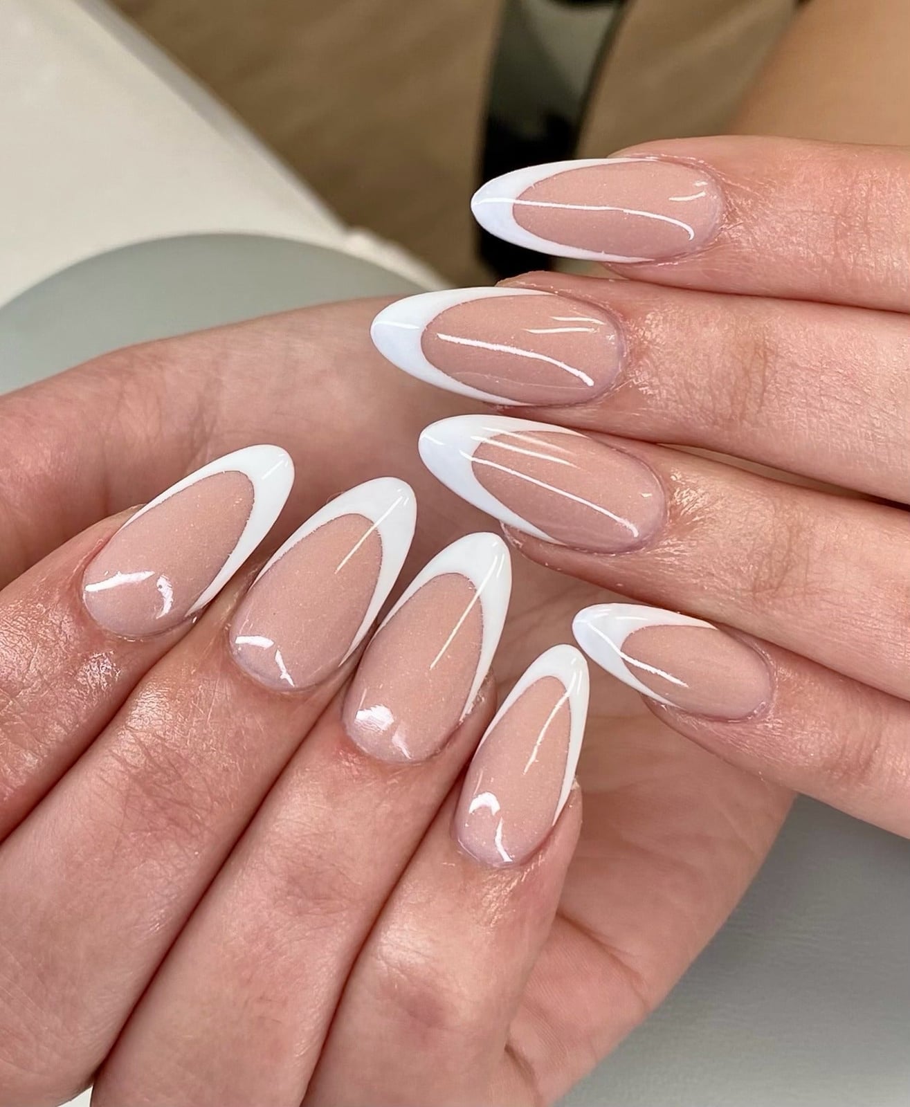 Medium Almond Nails with Clean White French Tips, Glossy — Simple French Tip Nails