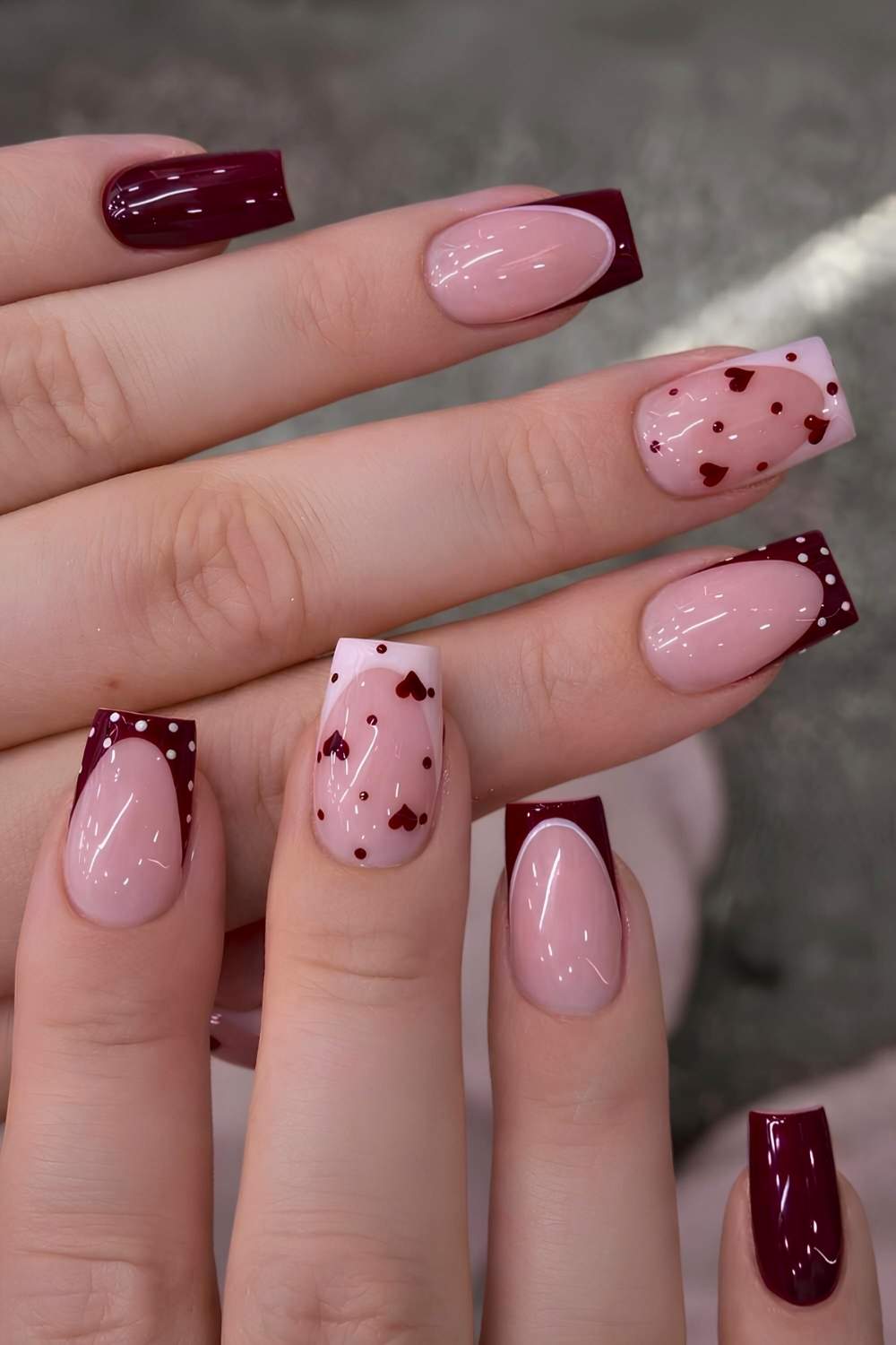 Square Nails with Burgundy Tips and Heart Accents — Simple French Tip Nails