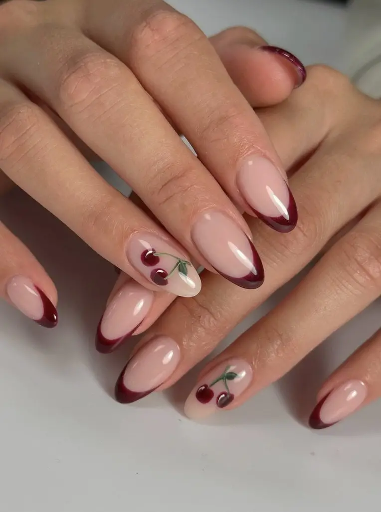 Medium Almond Nails with Burgundy Tips and Cherry Art — Simple French Tip Nails