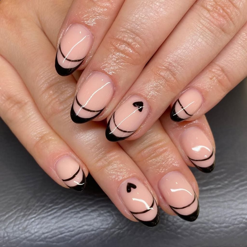 Medium Almond Nails with Black French Tips and Hearts — Simple French Tip Nails