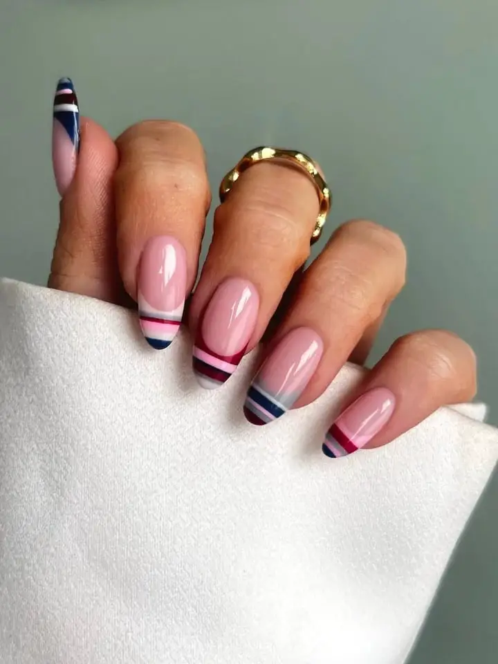 Medium Almond Nails with Striped French Tips — Simple French Tip Nails