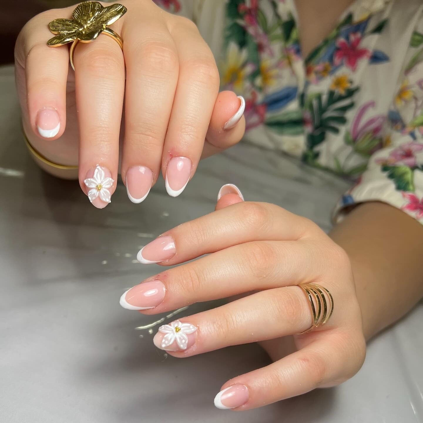 Medium Almond Nails with 3D White Flower Accents — Simple French Tip Nails