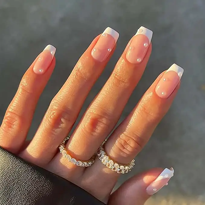 Square Nails with Pearls on French Tips — Simple French Tip Nails