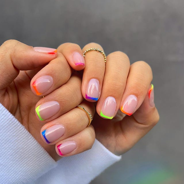 Short Soft Square Nails with Neon Rainbow Gradient Tips — Simple French Tip Nails