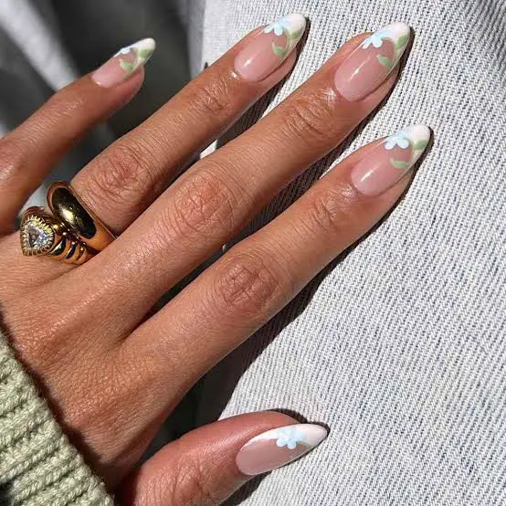 Medium Almond Nails with Green Leaf and Blue Flower Art — Simple French Tip Nails