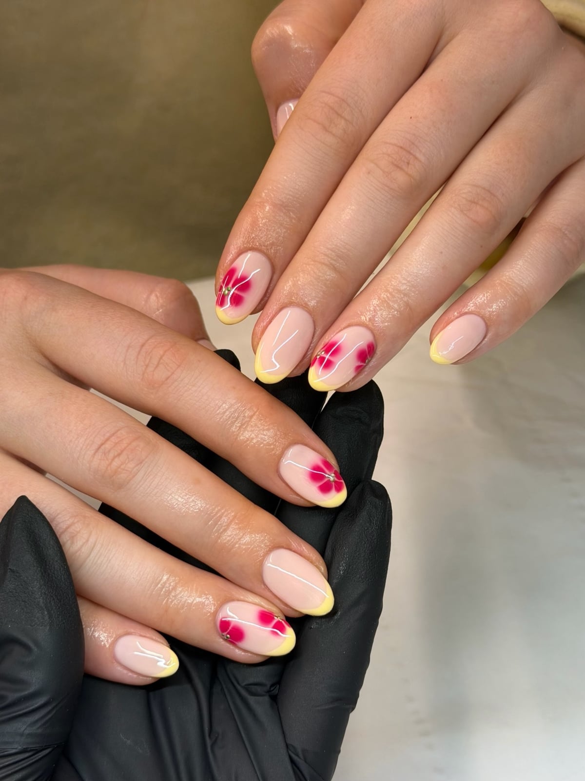 Short Oval Nails with Yellow Tips and Pink Floral Art — Simple French Tip Nails