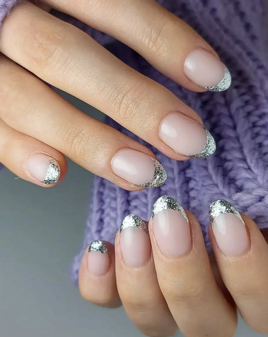 Short Oval Nails with Glitter French Tips — Simple French Tip Nails