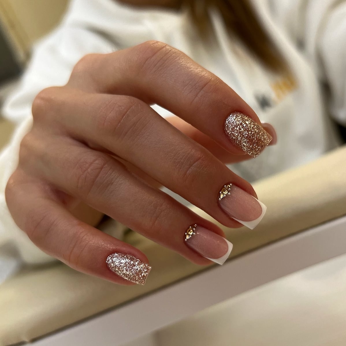 Short Square Nails with Glitter and Rhinestone Accents — Simple French Tip Nails