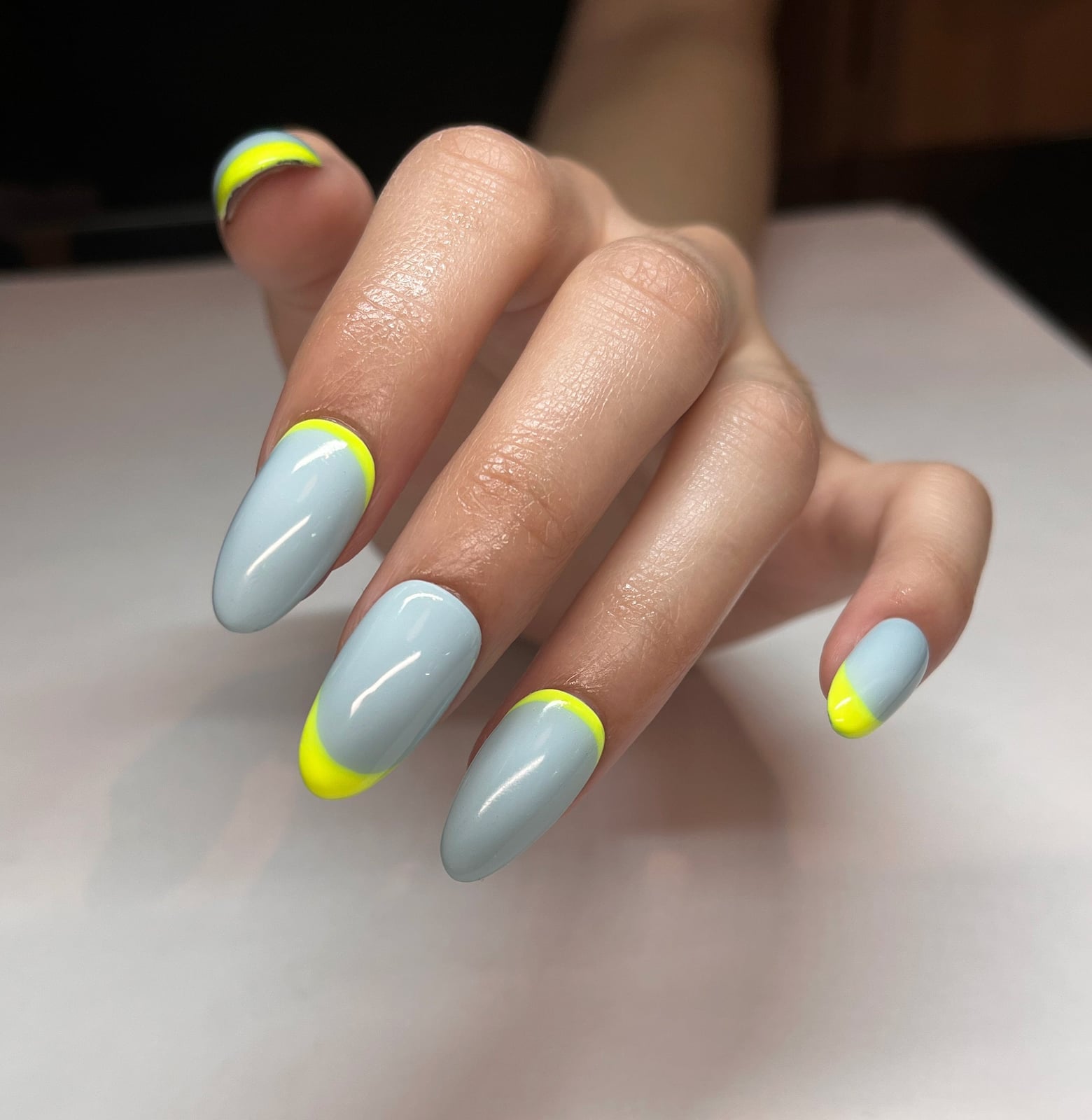 Long Oval Nails with Light Blue and Neon Yellow Color Block Tips — Simple French Tip Nails