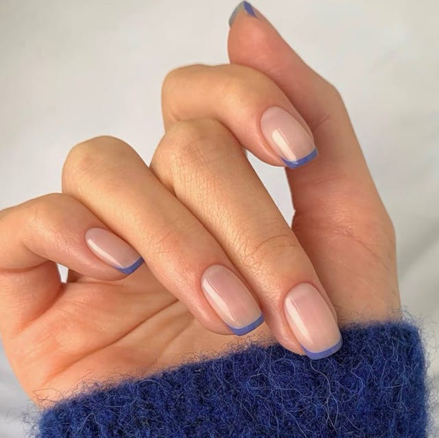 Short Almond Nails with Thin Blue French Tips — Simple French Tip Nails