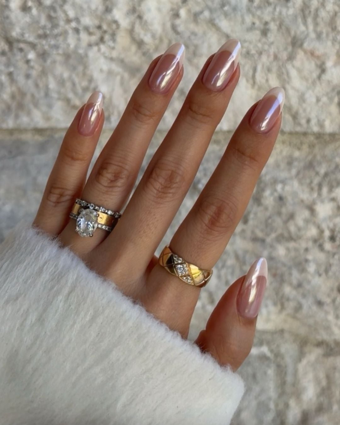 Medium Almond Nails with Shimmer and Thin White Tips — Simple French Tip Nails
