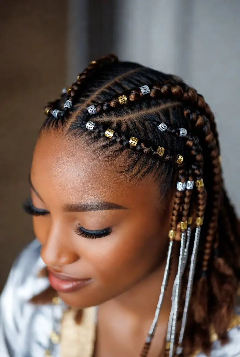 Brown and Black Braids With Metallic Beads — Simple Fulani Braids Hairstyles
