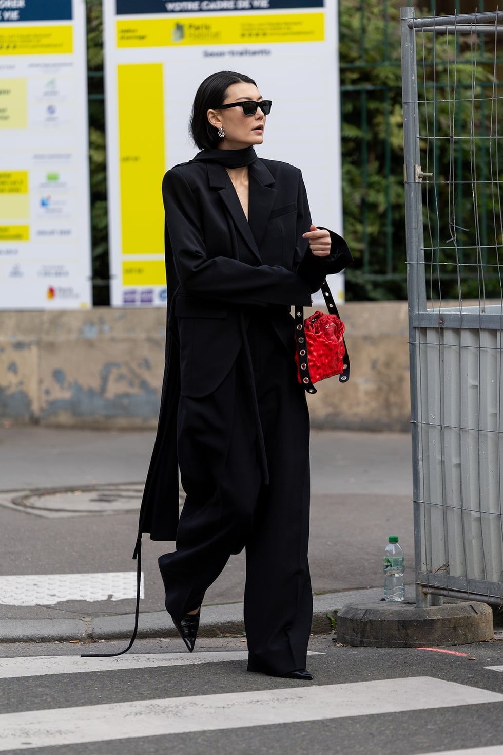 Oversized Black Blazer with Red Bucket Bag — Simple Funeral Outfits