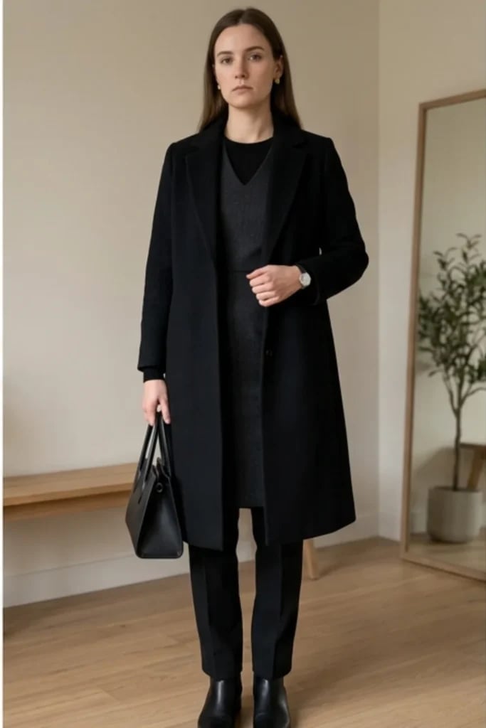 Black Coat Over Gray Dress and Sweater — Simple Funeral Outfits