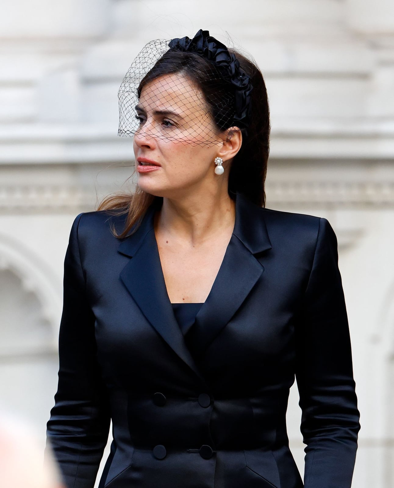 Black Satin Blazer with Veiled Headband — Simple Funeral Outfits