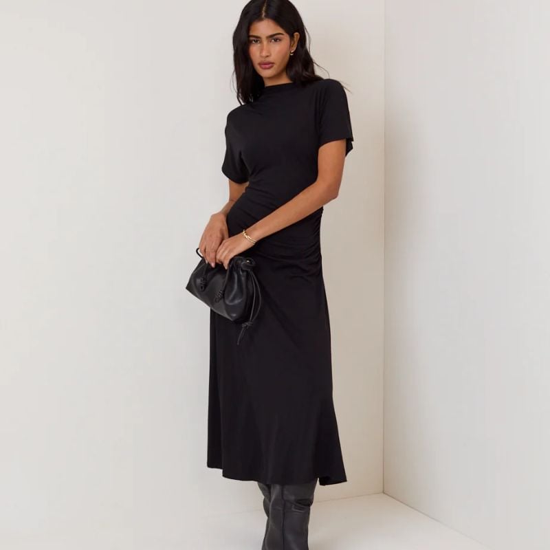 Black Short Sleeve Midi Dress with Ruched Detail — Simple Funeral Outfits