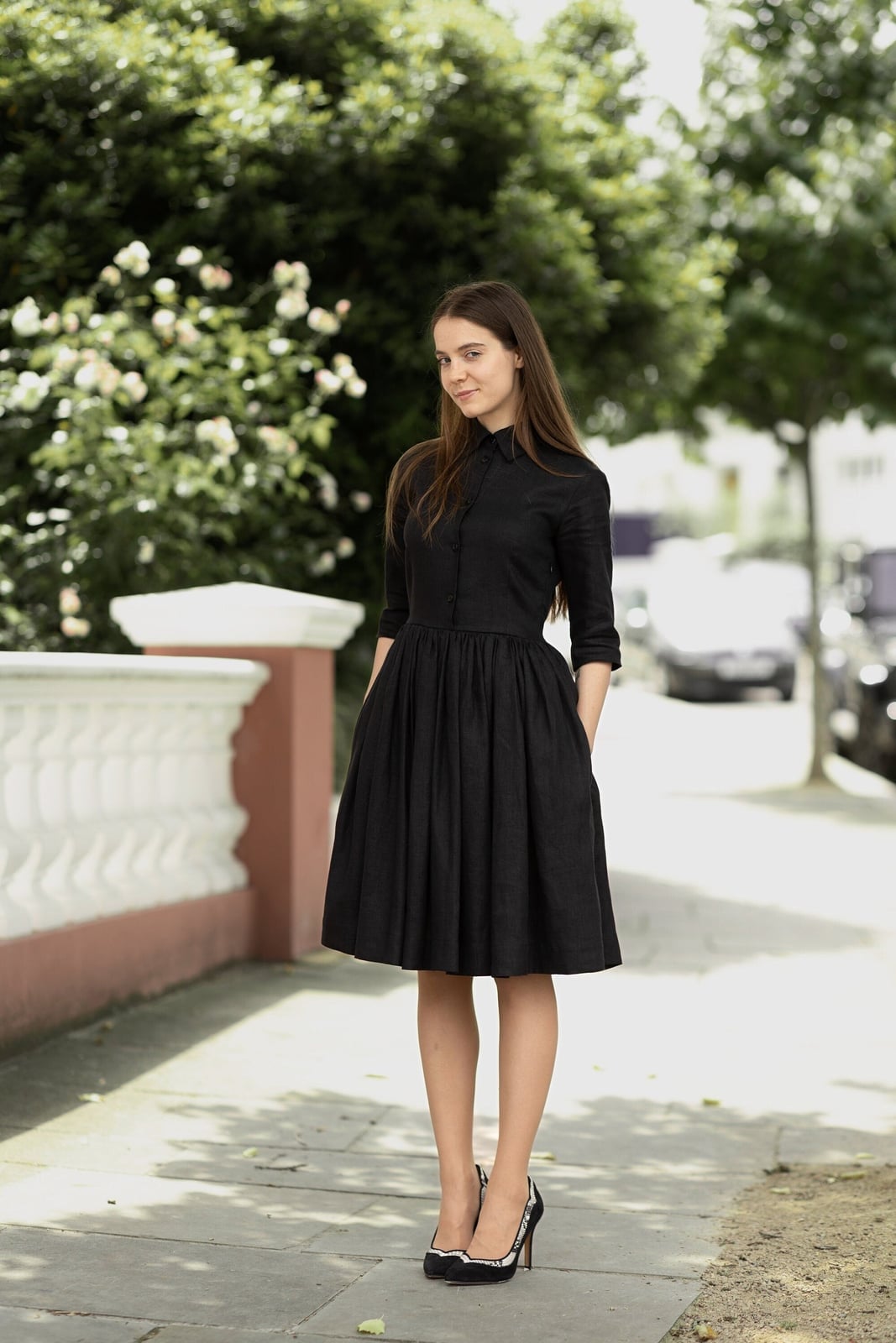Black Collared Midi Dress with Gathered Skirt — Simple Funeral Outfits