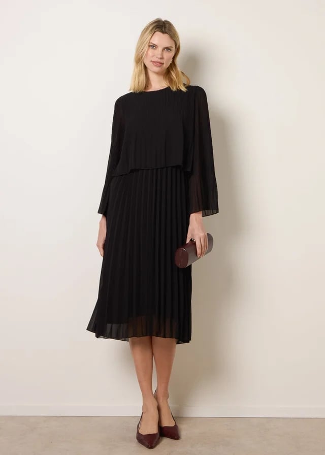 Pleated Black Midi Dress with Chiffon Overlay — Simple Funeral Outfits
