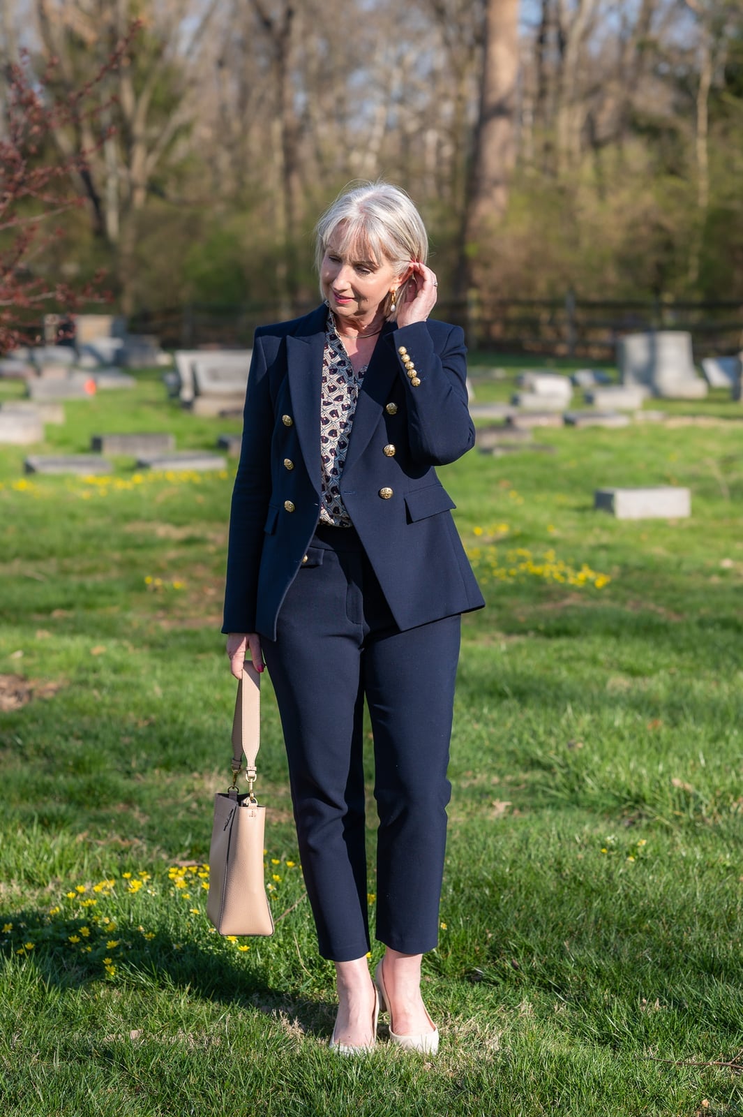 Navy Blazer Over Printed Blouse and Trousers With Pointed-Toe Pumps — Simple Funeral Outfits