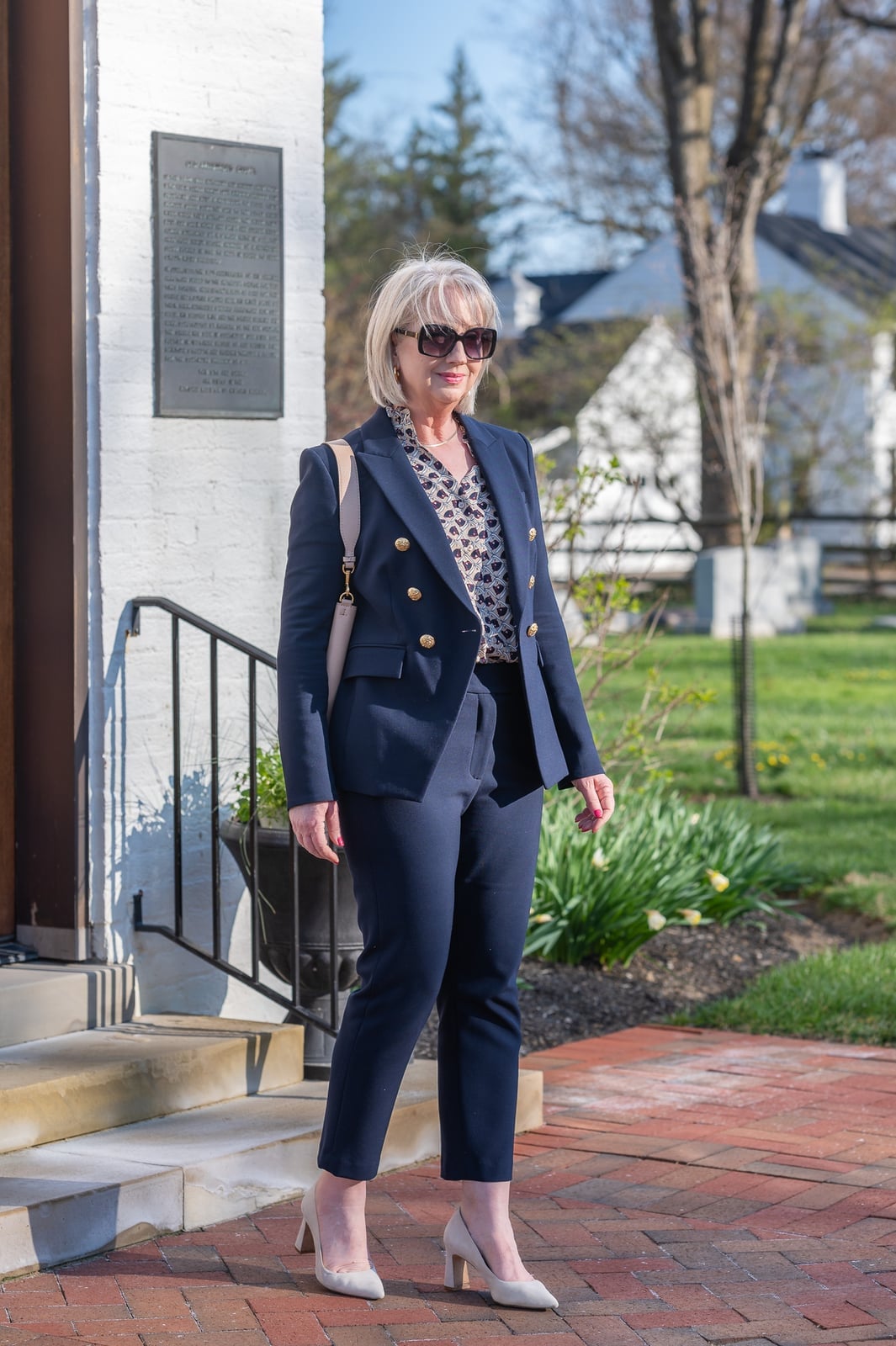 Navy Blazer Over Printed Blouse and Trousers — Simple Funeral Outfits