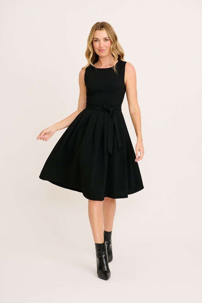 Textured Black Midi Dress with Tie Belt — Simple Funeral Outfits