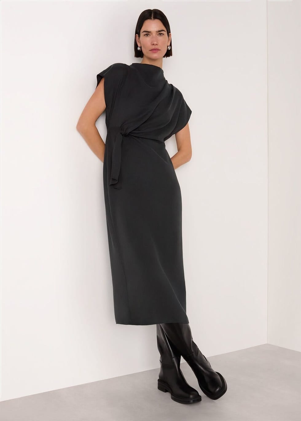 Draped Midi Dress with Sculptural Neckline — Simple Funeral Outfits