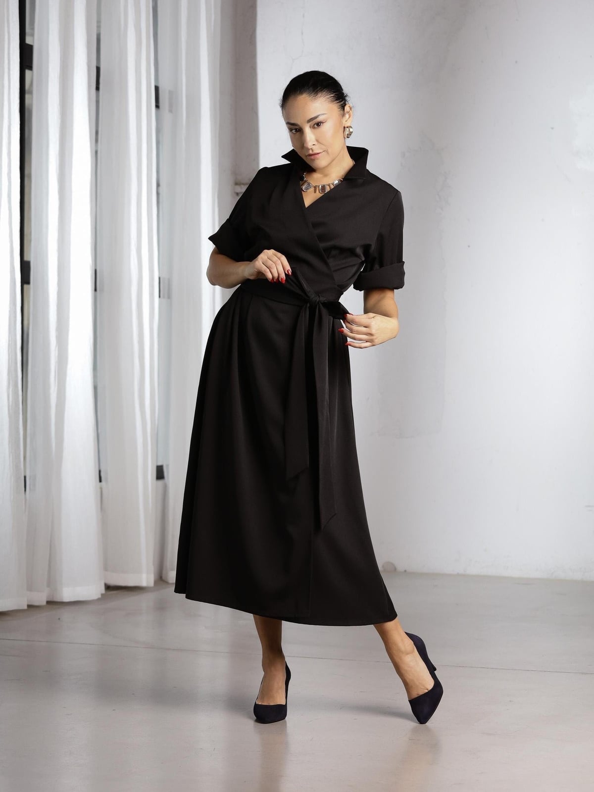 Black Wrap Dress with Collar and Belt — Simple Funeral Outfits