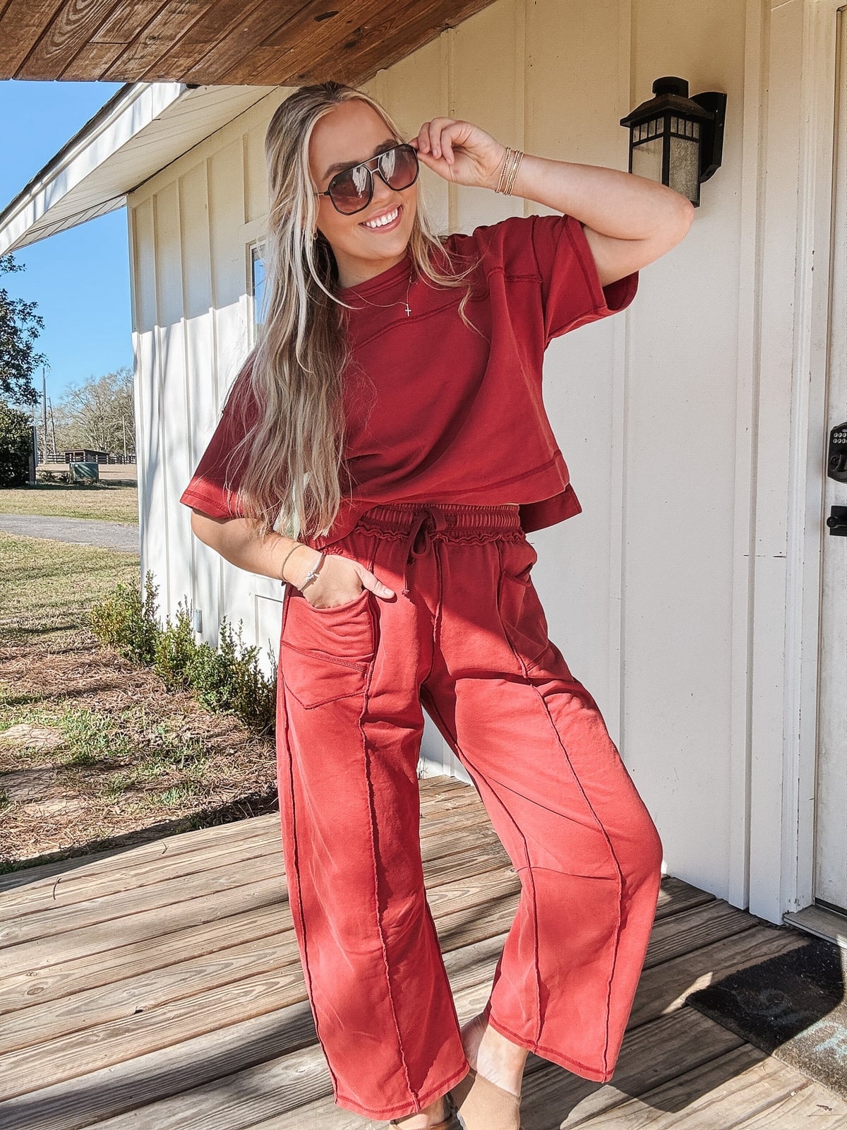 Reddish-orange Matching Sweat Suit Set — Simple Game Day Outfits