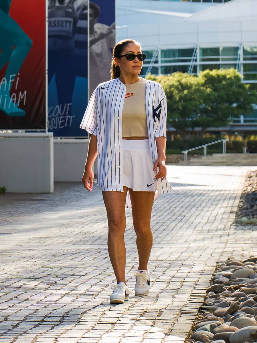 Baseball Jersey Over Cropped Top with Mini Skirt — Simple Game Day Outfits