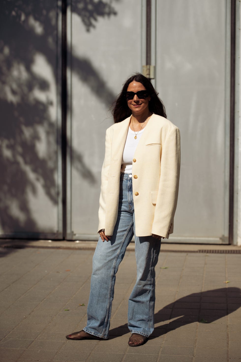 Cream Tweed Blazer with White Tank and Jeans — Simple Game Day Outfits