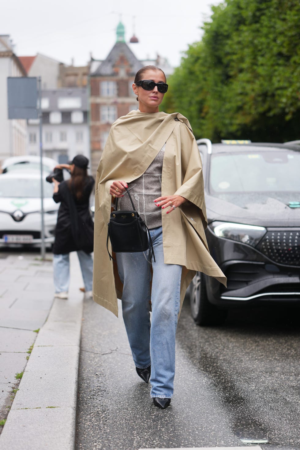 Beige Cape Over Patterned Knit Top with Jeans — Simple Game Day Outfits
